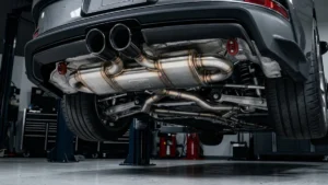 Detalhe de um abafador de escapamento esportivo duplo feito de aço inoxidável instalado na parte traseira de um carro.