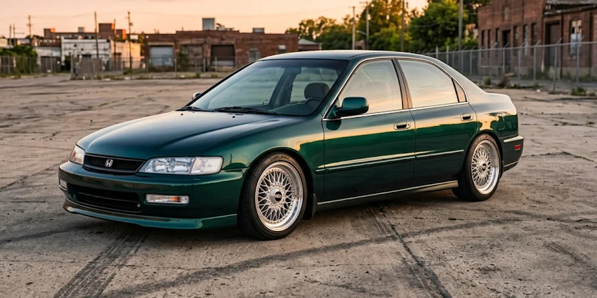 honda-accord-exr-anos-90-clean-style-wheels Honda Accord EXR verde dos anos 1990 rebaixado com rodas clássicas prata de três peças e estilo Clean em um pátio urbano.