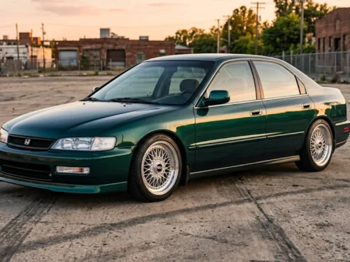 Honda Accord EXR verde dos anos 1990 rebaixado com rodas clássicas prata de três peças e estilo Clean em um pátio urbano.