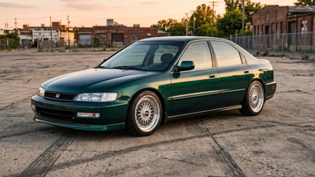Honda Accord EXR verde dos anos 1990 rebaixado com rodas clássicas prata de três peças e estilo Clean em um pátio urbano.