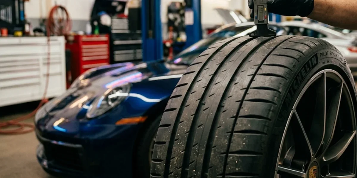 Ferramenta de profundímetro medindo os sulcos e o indicador TWI de um pneu de alta performance em uma oficina automotiva.