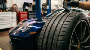 Ferramenta de profundímetro medindo os sulcos e o indicador TWI de um pneu de alta performance em uma oficina automotiva.