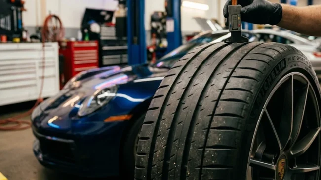Ferramenta de profundímetro medindo os sulcos e o indicador TWI de um pneu de alta performance em uma oficina automotiva.