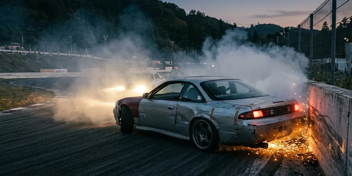 issan-silvia-s14-missile-car-ebisu-minami-course Nissan Silvia S14 míssil amassado fazendo drift rente ao muro de concreto no circuito de Ebisu Minami com fumaça e faíscas.
