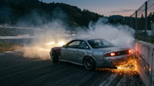 Nissan Silvia S14 míssil amassado fazendo drift rente ao muro de concreto no circuito de Ebisu Minami com fumaça e faíscas.