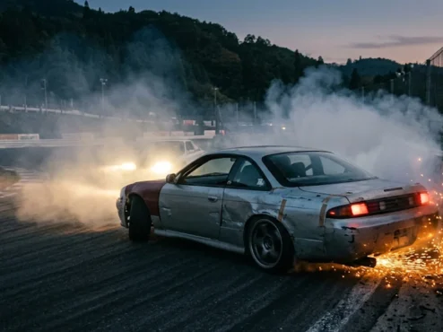 Nissan Silvia S14 míssil amassado fazendo drift rente ao muro de concreto no circuito de Ebisu Minami com fumaça e faíscas.