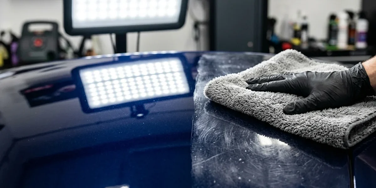 lavagem-a-seco-microfibra-riscos-verniz-automotivo Mão com luva preta passando pano de microfibra em pintura automotiva sob luz de inspeção mostrando reflexos e riscos.