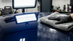 Mão com luva preta passando pano de microfibra em pintura automotiva sob luz de inspeção mostrando reflexos e riscos.