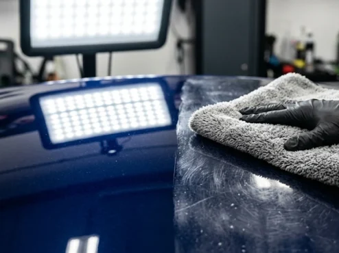 Mão com luva preta passando pano de microfibra em pintura automotiva sob luz de inspeção mostrando reflexos e riscos.