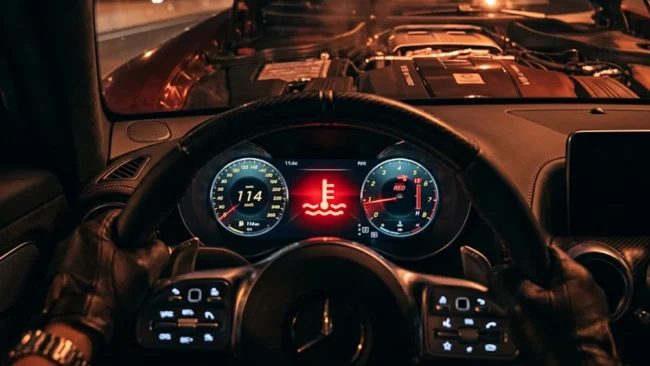 Foto detalhada do painel de instrumentos de um carro focado na luz vermelha de alerta de temperatura do motor acesa.