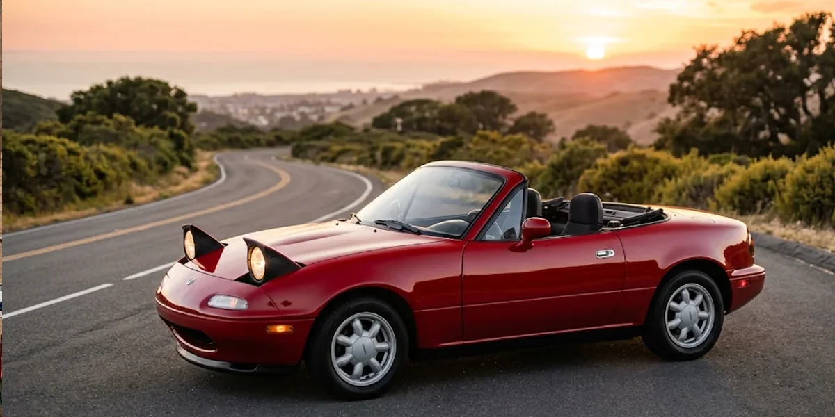 Mazda MX-5 Miata NA vermelho de primeira geração com os faróis escamoteáveis erguidos parado em uma estrada ao entardecer.