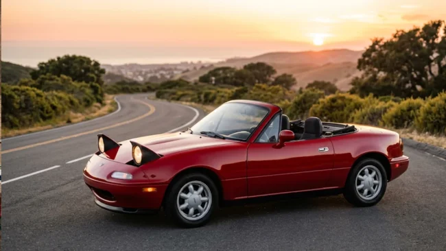 mazda-mx5-miata-na-roadster-jdm-farois-abertos Mazda MX-5 Miata NA vermelho de primeira geração com os faróis escamoteáveis erguidos parado em uma estrada ao entardecer.