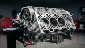 Bloco de motor Subaru Boxer de alumínio em suporte técnico, destacando o desenho dos cilindros horizontalmente opostos.