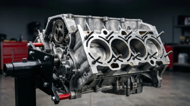 motor-subaru-boxer-ej207-ej257-tecnico Bloco de motor Subaru Boxer de alumínio em suporte técnico, destacando o desenho dos cilindros horizontalmente opostos.