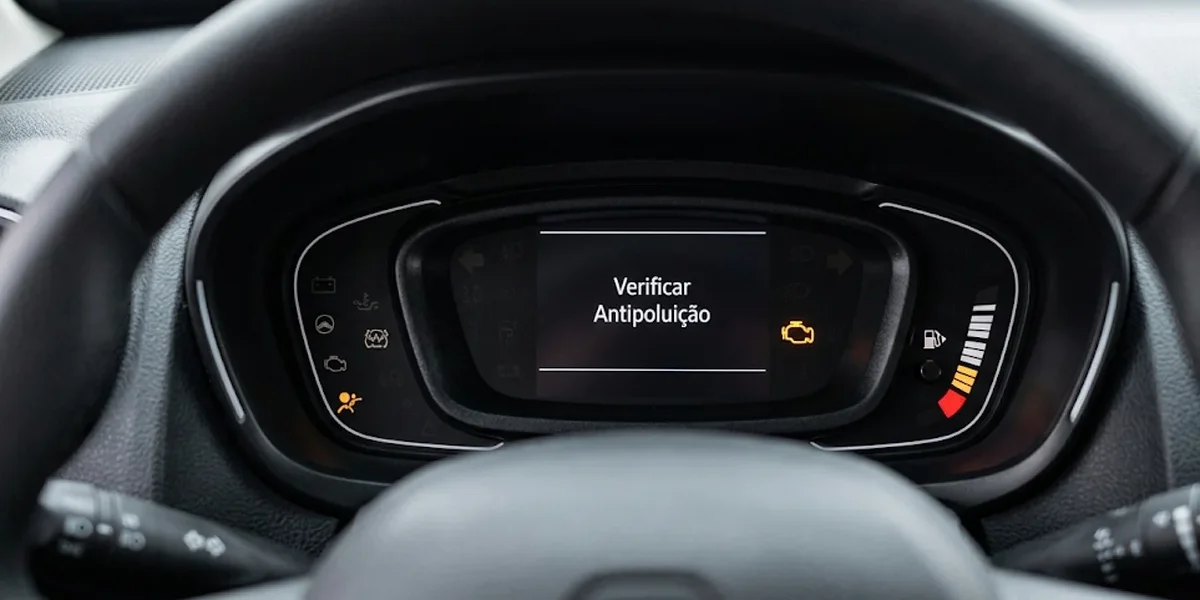 Painel digital do Renault Kwid exibindo a luz da injeção eletrônica ligada e a mensagem de texto verificar antipoluição.