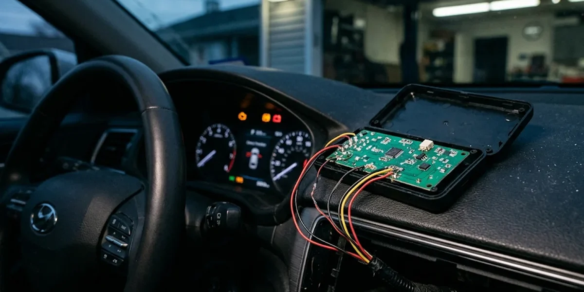 Rastreador veicular barato aberto expondo fiação frágil diante de um painel de carro moderno com luzes de erro acesas.