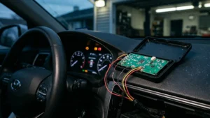 Rastreador veicular barato aberto expondo fiação frágil diante de um painel de carro moderno com luzes de erro acesas.