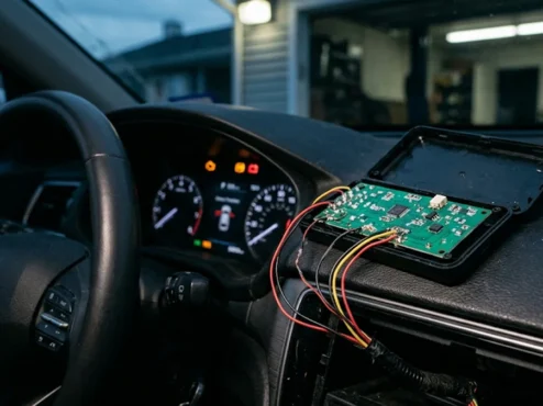 rastreador-barato-danificando-fiacao-eletrica-carro Rastreador veicular barato aberto expondo fiação frágil diante de um painel de carro moderno com luzes de erro acesas.