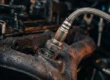 Sonda lambda instalada no coletor de escapamento de um motor automotivo destacando a porca sextavada e fiação.