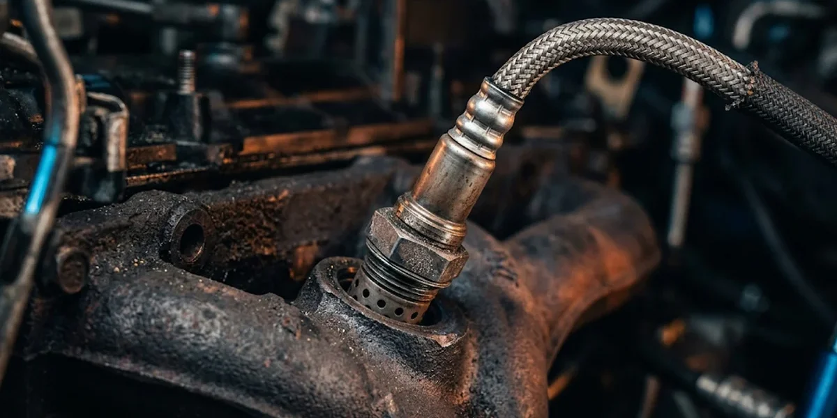 Sonda lambda instalada no coletor de escapamento de um motor automotivo destacando a porca sextavada e fiação.