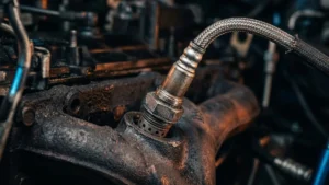 Sonda lambda instalada no coletor de escapamento de um motor automotivo destacando a porca sextavada e fiação.
