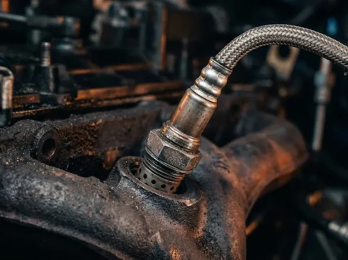 Sonda lambda instalada no coletor de escapamento de um motor automotivo destacando a porca sextavada e fiação.