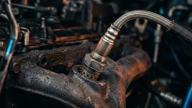 Sonda lambda instalada no coletor de escapamento de um motor automotivo destacando a porca sextavada e fiação.