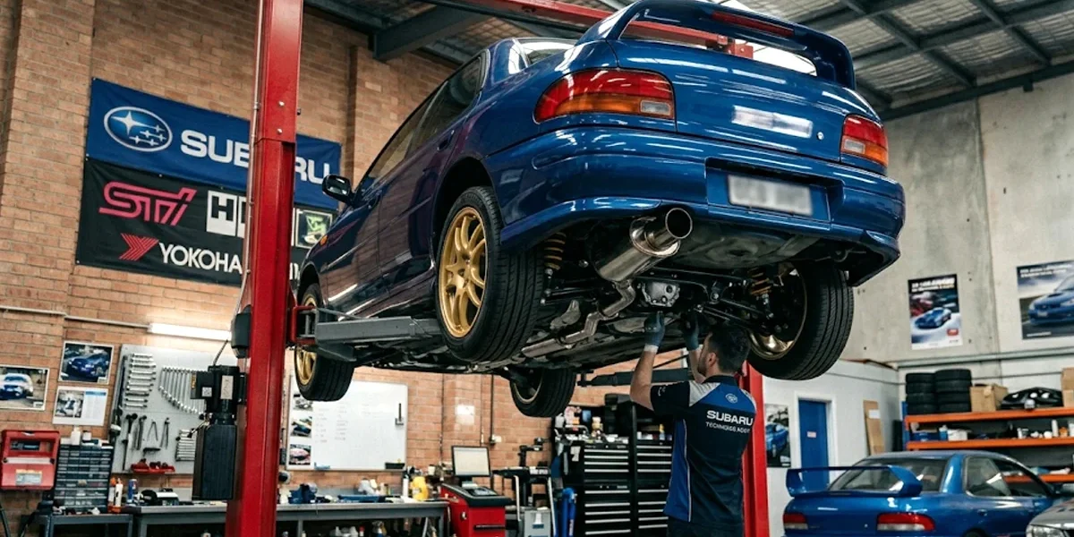 Subaru Impreza WRX azul clássico elevado em um elevador hidráulico dentro de uma oficina especializada em modificação automotiva.
