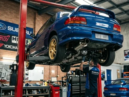 ubaru-impreza-wrx-gc8-azul-oficina-mecanica Subaru Impreza WRX azul clássico elevado em um elevador hidráulico dentro de uma oficina especializada em modificação automotiva.