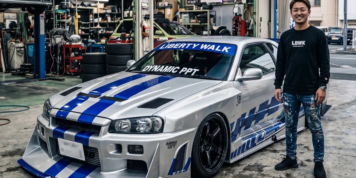 wataru-kato-liberty-walk-widebody-workshop alargado e rebitado da Liberty Walk dentro de uma oficina japonesa