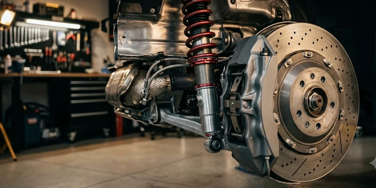 Detalhe técnico em close de uma suspensão coilover de alta performance com mola vermelha e freios a disco ventilados em uma oficina.