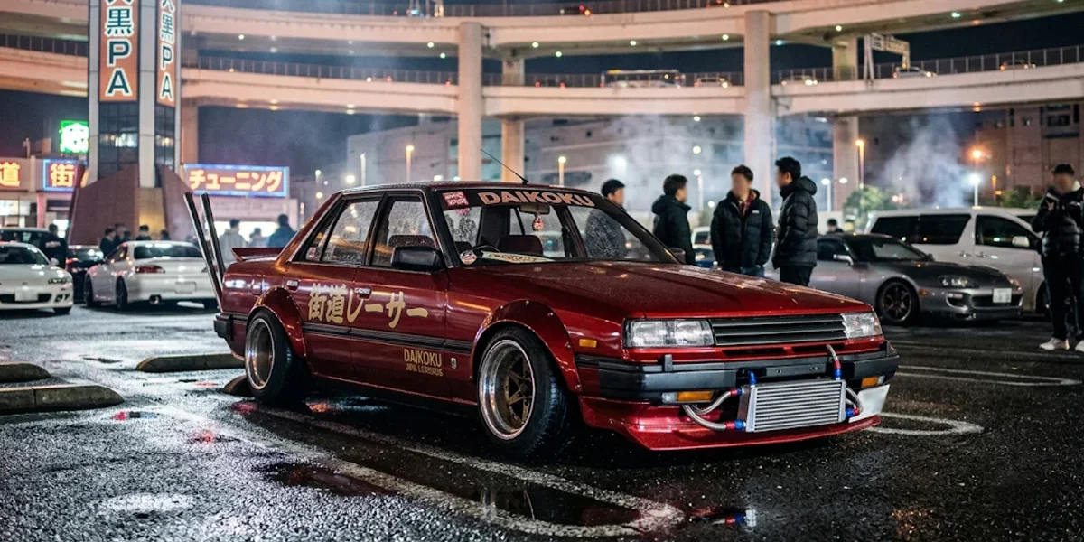 cultura-automotiva-japonesa-encontro-daikoku-jdm Carro japonês clássico modificado no estilo Kaido Racer estacionado em um encontro automotivo noturno em Tóquio.