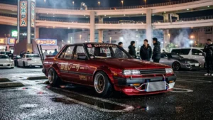 Carro japonês clássico modificado no estilo Kaido Racer estacionado em um encontro automotivo noturno em Tóquio.