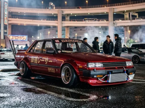 Carro japonês clássico modificado no estilo Kaido Racer estacionado em um encontro automotivo noturno em Tóquio.