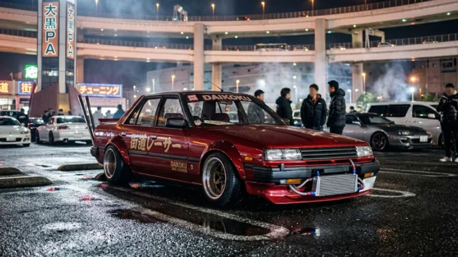 cultura-automotiva-japonesa-encontro-daikoku-jdm Carro japonês clássico modificado no estilo Kaido Racer estacionado em um encontro automotivo noturno em Tóquio.