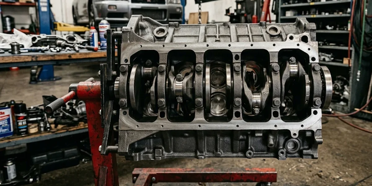Fotografia técnica em close detalhando os mancais e cilindros usinados de um bloco de motor japonês de ferro fundido em uma oficina.