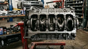 Fotografia técnica em close detalhando os mancais e cilindros usinados de um bloco de motor japonês de ferro fundido em uma oficina.