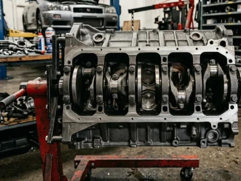Fotografia técnica em close detalhando os mancais e cilindros usinados de um bloco de motor japonês de ferro fundido em uma oficina.