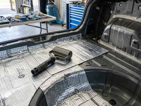 Aplicação de manta acústica butílica prateada no assoalho do porta-malas de um carro para redução de ruídos.