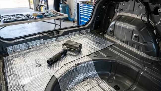 Aplicação de manta acústica butílica prateada no assoalho do porta-malas de um carro para redução de ruídos.