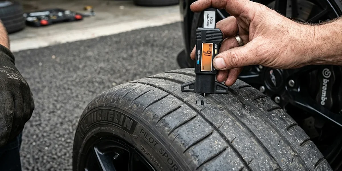 Pessoa utilizando um profundímetro digital para medir a profundidade do sulco ao lado do indicador TWI em um pneu de carro.