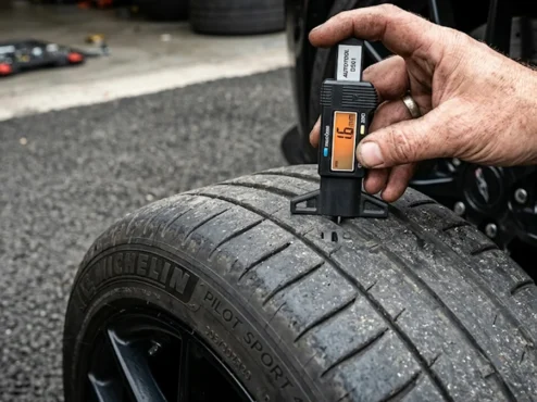 Pessoa utilizando um profundímetro digital para medir a profundidade do sulco ao lado do indicador TWI em um pneu de carro.