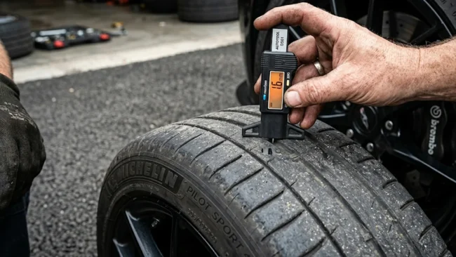 Pessoa utilizando um profundímetro digital para medir a profundidade do sulco ao lado do indicador TWI em um pneu de carro.