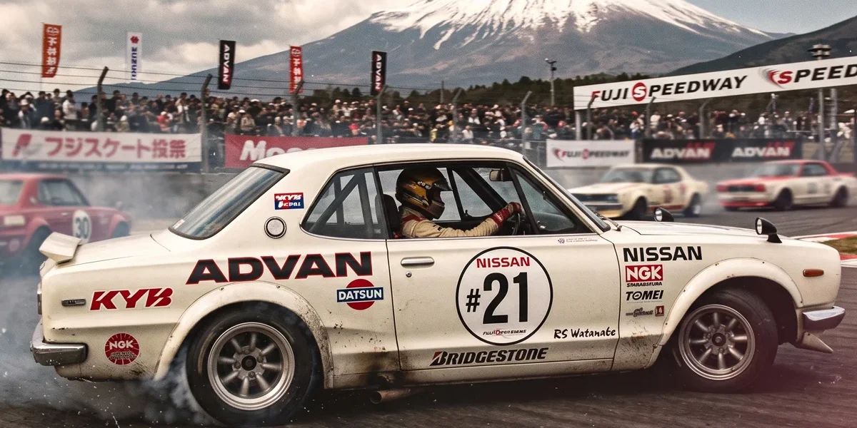 Corrida antiga no circuito de Fuji com um Nissan Skyline Hakosuka pilotado por Kunimitsu Takahashi deslizando de lado com fumaça nos pneus.