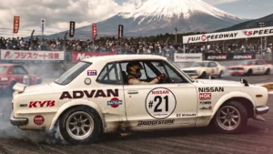 Corrida antiga no circuito de Fuji com um Nissan Skyline Hakosuka pilotado por Kunimitsu Takahashi deslizando de lado com fumaça nos pneus.