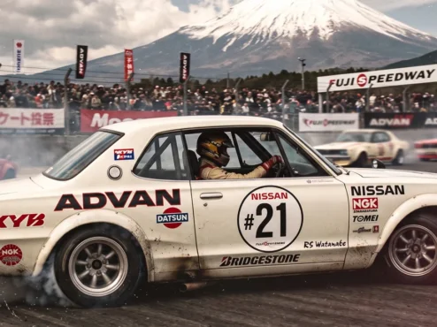 Corrida antiga no circuito de Fuji com um Nissan Skyline Hakosuka pilotado por Kunimitsu Takahashi deslizando de lado com fumaça nos pneus.