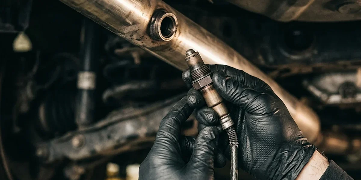 Mecânico segurando sensor de oxigênio sonda lambda próximo ao escapamento de um carro em oficina.