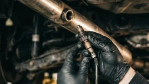 Mecânico segurando sensor de oxigênio sonda lambda próximo ao escapamento de um carro em oficina.