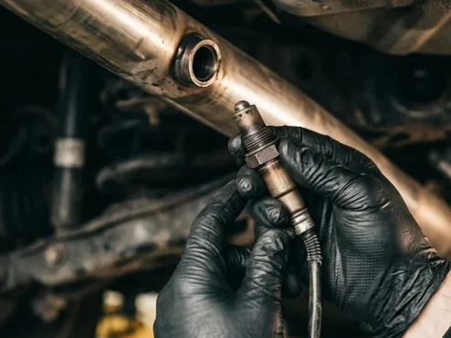 Mecânico segurando sensor de oxigênio sonda lambda próximo ao escapamento de um carro em oficina.
