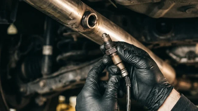 Mecânico segurando sensor de oxigênio sonda lambda próximo ao escapamento de um carro em oficina.